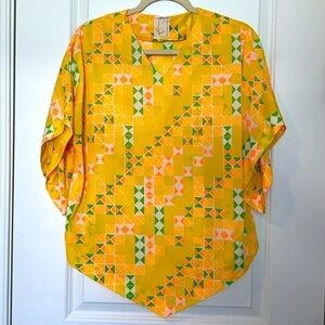Vintage Vanda Fashions Key West Hand Print Floral Handkerchief Hem Blouse Top